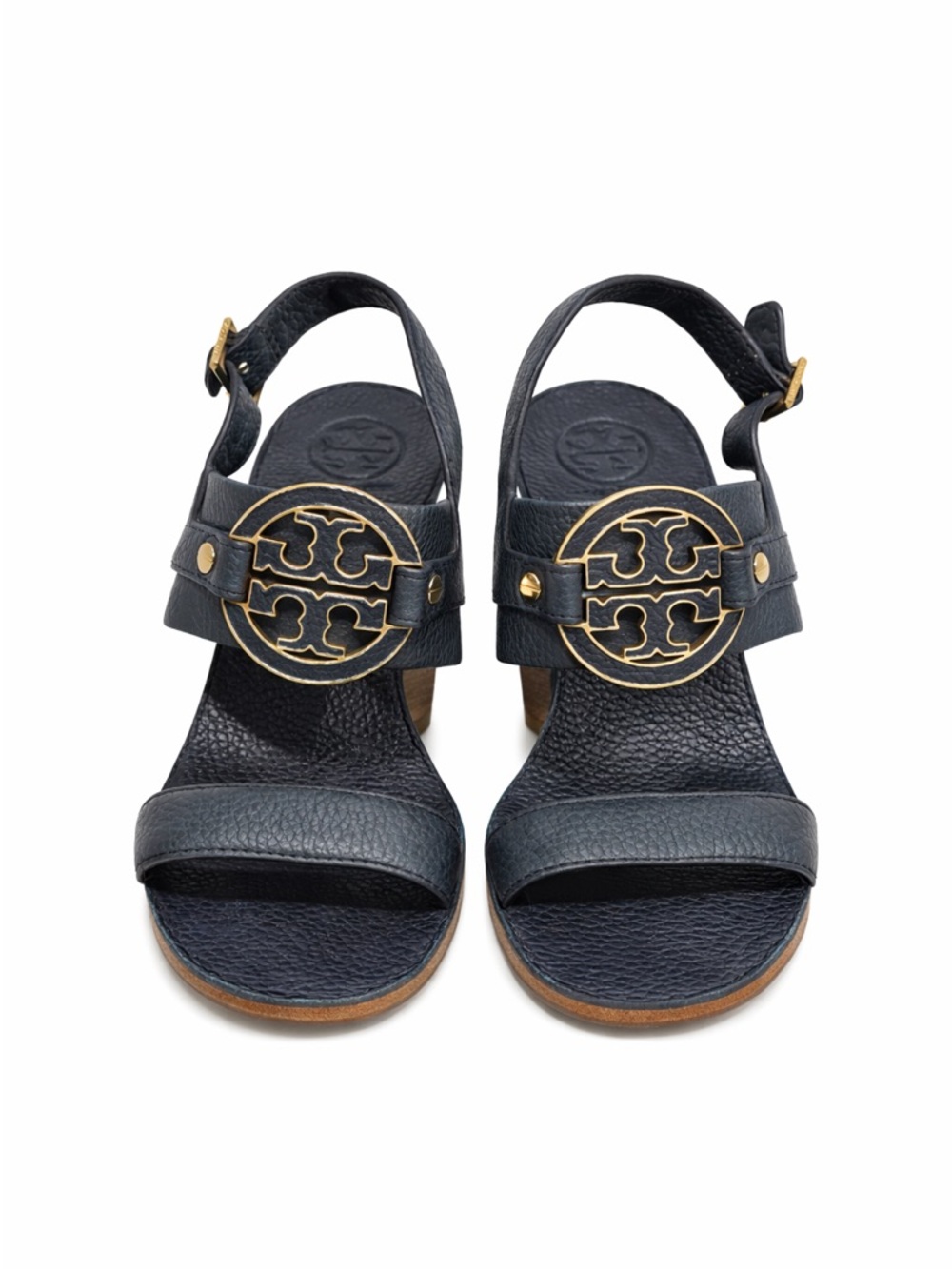 Tory Burch Navy Leather Wedge Sandals Gold Logo Size 8